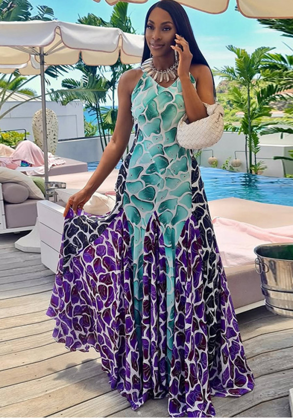 Fashion Printed Women's Patchwork Slim Waist A-Line Casual Chic V-Neck Maxi Dress