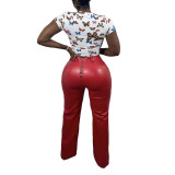 Solid Color Loose Wide-Leg Leather Pants with Back Zipper