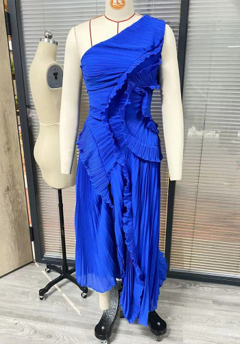 Women Ruffle Halter Neck Holiday Summer Irregular Pleated Dress