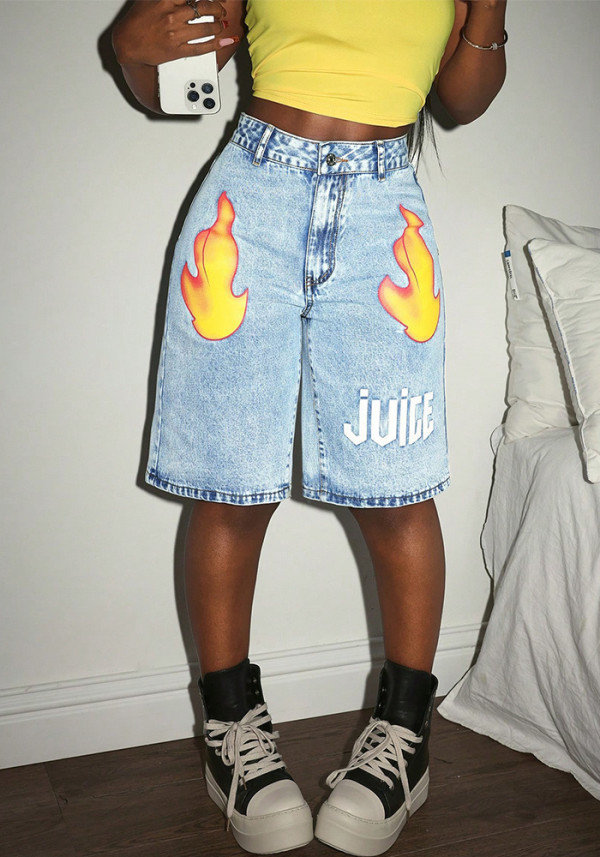 Women Letter Print Cropped Denim Shorts