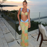 Spring Sexy Contrast Print Lace-Up Top with High Waist Skirt Three-Piece Set