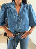 Women Spring/Autumn Casual Lantern Sleeve V-Neck Denim Shirt