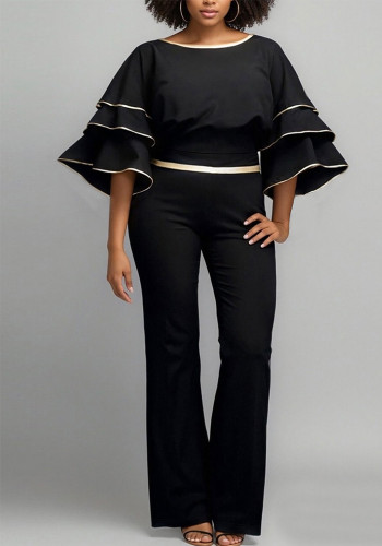 Plus-Size Women Striped Long-Sleeved Round Neck Top and Bell Bottom Pants Two-Piece Set