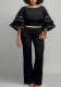 Plus-Size Women Striped Long-Sleeved Round Neck Top and Bell Bottom Pants Two-Piece Set