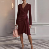 Women fall crossover V-neck solid long-sleeved dress