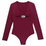 Women metallic sequin patchwork French V-neck bodysuit