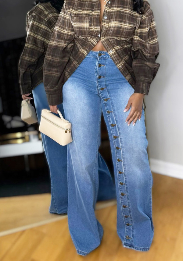 Multi-Button Straight Leg Women's Denim Pants