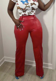 Solid Color Loose Wide-Leg Leather Pants with Back Zipper