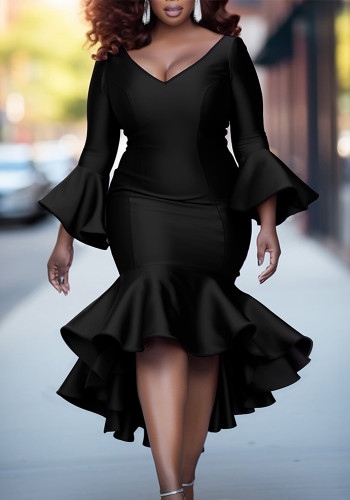Plus-Size Women Bell Bottom Sleeve V-Neck Sexy Fishtail Bodycon Dress