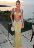 Spring Sexy Contrast Print Lace-Up Top with High Waist Skirt Three-Piece Set