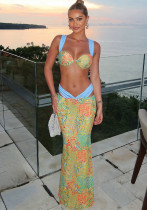 Spring Sexy Contrast Print Lace-Up Top with High Waist Skirt Three-Piece Set