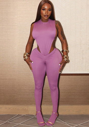 Women round-neck inverted triangle lace-up bodysuit and gathered leggings two-piece set