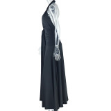 Women's Sexy Deep V-Neck Halter Neck Low Back Lace-Up Slit Ruched Long Dress