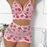 Sexy Lingerie Red Lips Lace Bra Mesh See-Through Fantasy Shorts Set