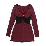 Women Fall/Winter Sexy Cutout Lace Patchwork Long-sleeved dress