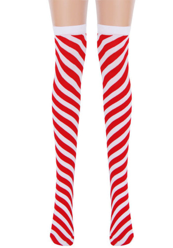 Christmas Red and White Stockings White and Red Diagonal Striped Over-the-Knee Socks