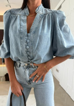 Women Spring/Autumn Casual Lantern Sleeve V-Neck Denim Shirt