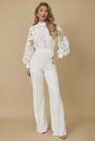 Women's Style Lace Trim Patchwork Long Sleeve Casual Wide-Leg Jumpsuit