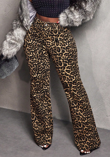 Women Stretchy Leopard Print Bell Bottom Denim Pants