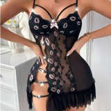 Sexy Lingerie Women's Strappy Mesh See-Through Slit Printed Nightdress