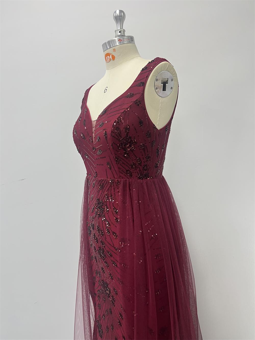 Women Sequined Patchwork Mesh V-Neck Party Dress