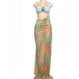 Spring Sexy Contrast Low Back Strappy Patchwork Open Waist Printed Maxi Dress