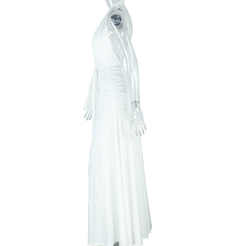 Women's Sexy Deep V-Neck Halter Neck Low Back Lace-Up Slit Ruched Long Dress