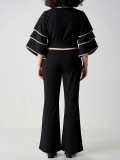 Plus-Size Women Striped Long-Sleeved Round Neck Top and Bell Bottom Pants Two-Piece Set