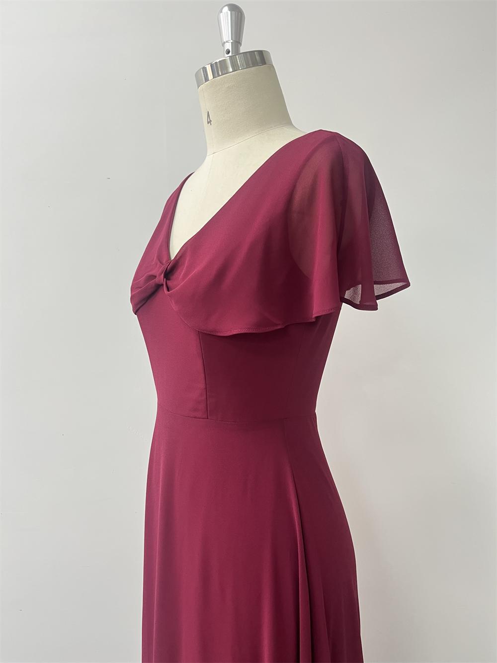 Women Chiffon V-Neck Bow Shawl Zipper Back Evening Dress