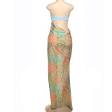 Spring Sexy Contrast Low Back Strappy Patchwork Open Waist Printed Maxi Dress