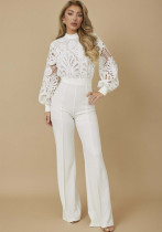 Women's Style Lace Trim Patchwork Long Sleeve Casual Wide-Leg Jumpsuit
