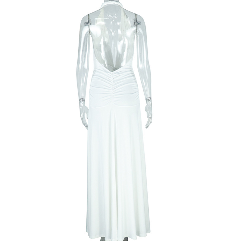 Women's Sexy Deep V-Neck Halter Neck Low Back Lace-Up Slit Ruched Long Dress