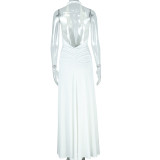 Women's Sexy Deep V-Neck Halter Neck Low Back Lace-Up Slit Ruched Long Dress