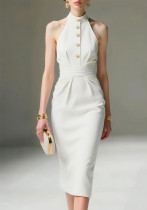 Women Summer Solid Halter Neck Sleeveless Off-Shoulder Pleated Dress