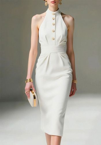 Women Summer Solid Halter Neck Sleeveless Off-Shoulder Pleated Dress