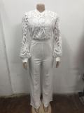 Women's Style Lace Trim Patchwork Long Sleeve Casual Wide-Leg Jumpsuit