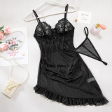 Lace Patchwork See-Through Mesh Sexy Strap Nightdress and G-String Set