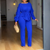 Winter Stretch Ruffle Drawstring Long Sleeve Slim Waist Top and Pants Two-Piece Set
