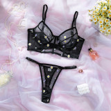Fashion Black Daisy Embroidered Sexy See-Through Push-Up Lingerie Set