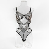 Sexy Push-Up See-Through Low Back Embroidered Patchwork Bodysuit for Women