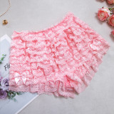 Pink Multi-Layer Cascading Ruffles Shorts and Halter Neck Lace-Up Tight Fitting See-Through Bodysuit Two-Piece Set