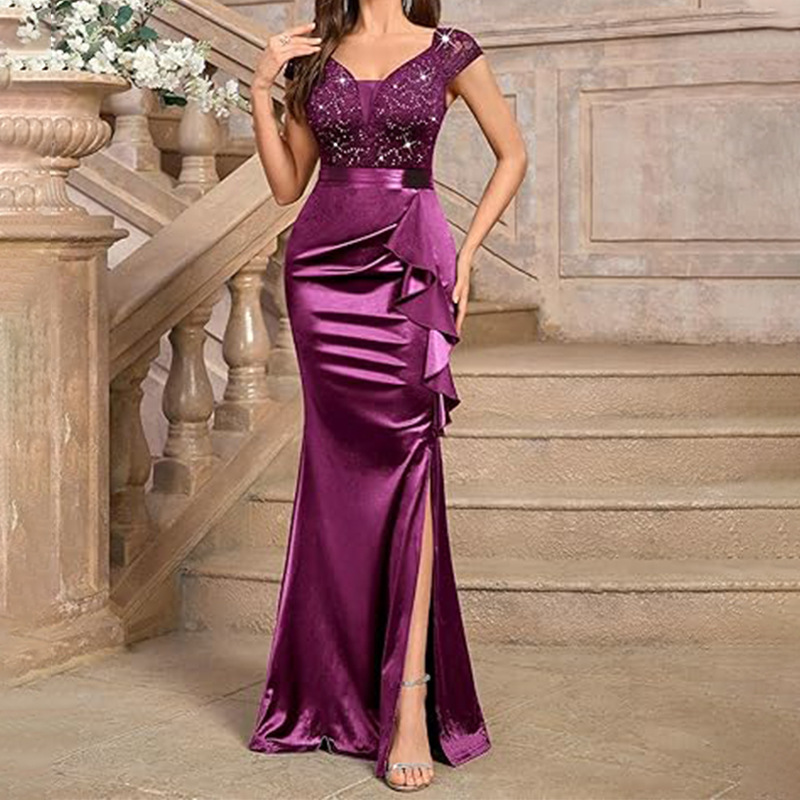 Women's Sexy Lace Sequin Evening Gown Wedding Party Long Dress Bride Dress