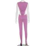 Women round-neck inverted triangle lace-up bodysuit and gathered leggings two-piece set