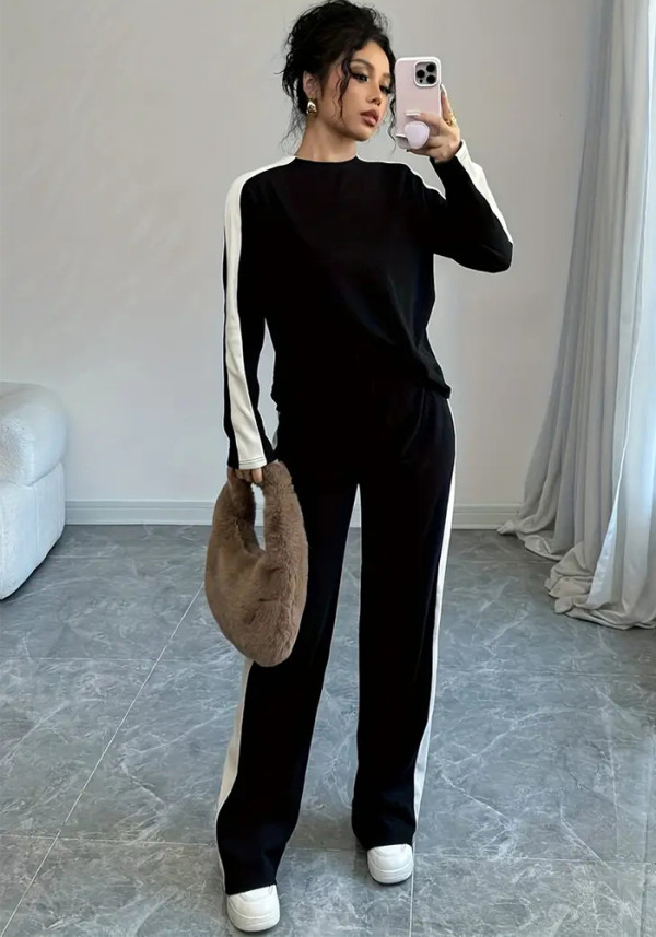 Long Sleeve T-Shirt and Pants Set Autumn Winter Women Color Block Patchwork Fashion Two-Piece Set