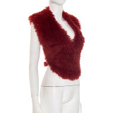 Women fall/winter solid fur halter neck V-neck sexy sleeveless backless lace-up top