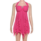 Summer Women's Sexy Halter Neck Low Back Asymmetrical Short Dress