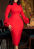 Semi-High Neck Chic Slim Elegant Office Floral Long Sleeve Bodycon Dress