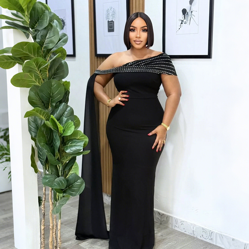 Women's Slash Shoulder Beaded Sexy Slim Fit Long Dress