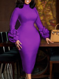 Semi-High Neck Chic Slim Elegant Office Floral Long Sleeve Bodycon Dress