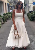 Women's Bohemian Fringe Slit White Dress